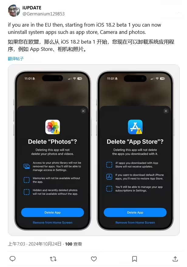 开州苹果手机维修分享iOS 18.2 支持删除 App Store 应用商店 