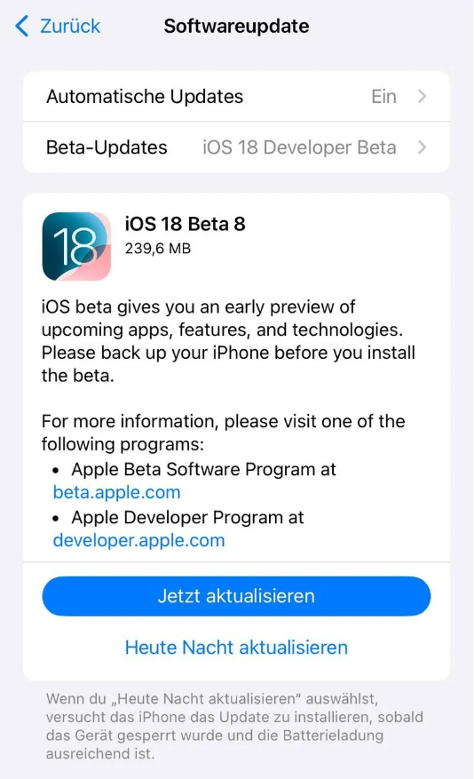 开州苹果手机维修分享苹果 iOS / iPadOS 18 开发者预览版 Beta 8 发布 